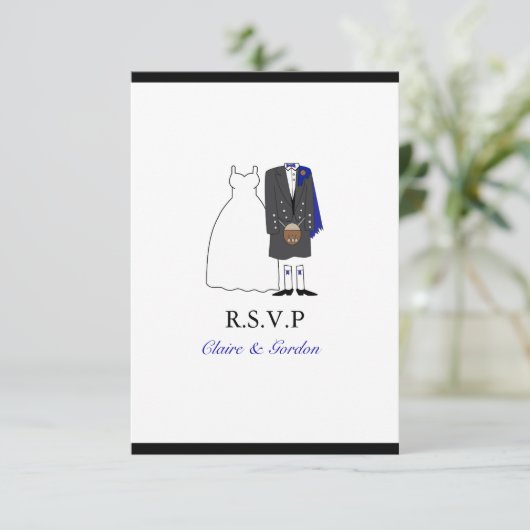 Scottish Kilt Bride & Groom Wedding RSVP - blauw Kaartje (Staand voorkant)