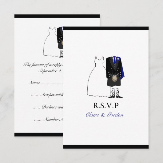 Scottish Kilt Bride & Groom Wedding RSVP - Blue (Voorkant / Achterkant)