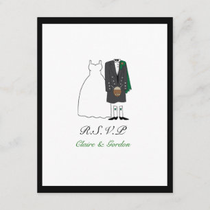 Scottish Kilt Bride & Groom Wedding RSVP-green RSVP Kaartje