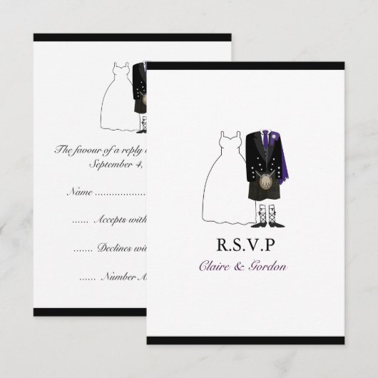 Scottish Kilt Bride & Groom Wedding RSVP - paars (Voorkant / Achterkant)