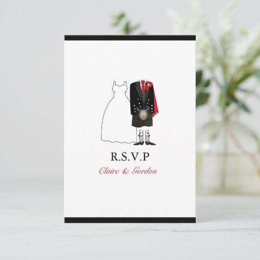 Scottish Kilt Bride & Groom Wedding RSVP - rood (Staand voorkant)