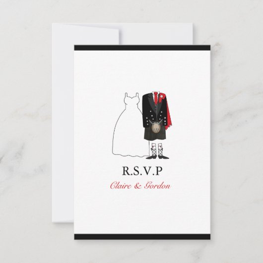 Scottish Kilt Bride & Groom Wedding RSVP - rood Kaartje (Voorkant)