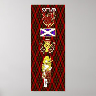 Scottish Lion, Thistle, Flag en Piper op Red Tarta Poster