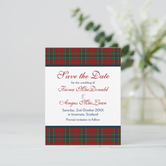 Scottish MacLean Tartan Wedding Save the Date Kaar (Staand voorkant)