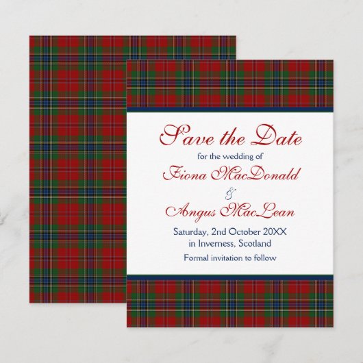 Scottish MacLean Tartan Wedding Save the Date Kaar (Voorkant / Achterkant)