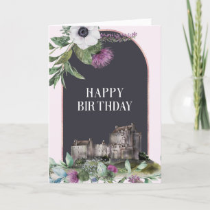 Scottish Purple Flowers Castle Birthday Kaart