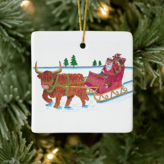 Scottish Santa met Highland Koe sleigh Keramisch Ornament (Boom)
