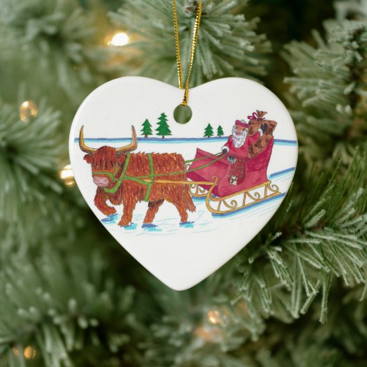 Scottish Santa met Highland Koe sleigh Keramisch Ornament (Boom)