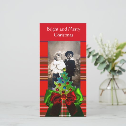 SCOTTISH TARTAN, CHRISTMAS TREE EN RED GREEN BOWS FEESTDAGENKAART (Staand voorkant)