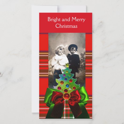 SCOTTISH TARTAN, CHRISTMAS TREE EN RED GREEN BOWS FEESTDAGENKAART (Voorkant)
