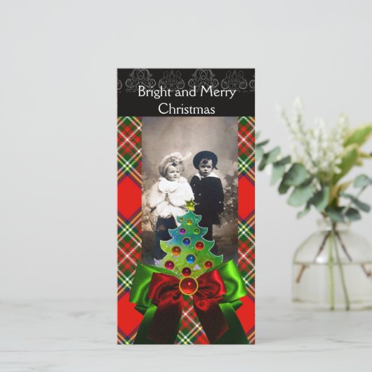 SCOTTISH TARTAN, CHRISTMAS TREE EN RED GREEN BOWS FEESTDAGENKAART (Staand voorkant)