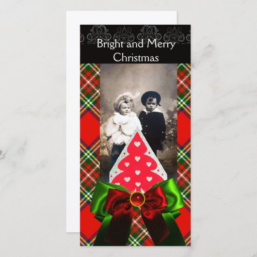 SCOTTISH TARTAN, CHRISTMAS TREE EN RED GREEN BOWS FEESTDAGENKAART (Voorkant / Achterkant)