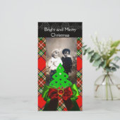 SCOTTISH TARTAN, CHRISTMAS TREE EN RED GREEN BOWS FEESTDAGENKAART (Staand voorkant)