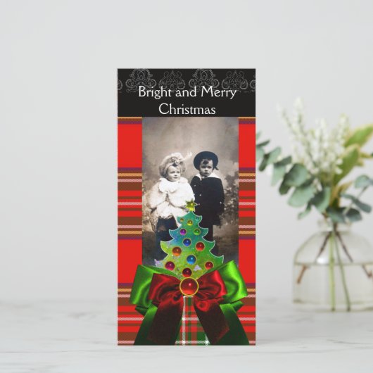 SCOTTISH TARTAN, CHRISTMAS TREE EN RED GREEN BOWS FEESTDAGENKAART (Staand voorkant)