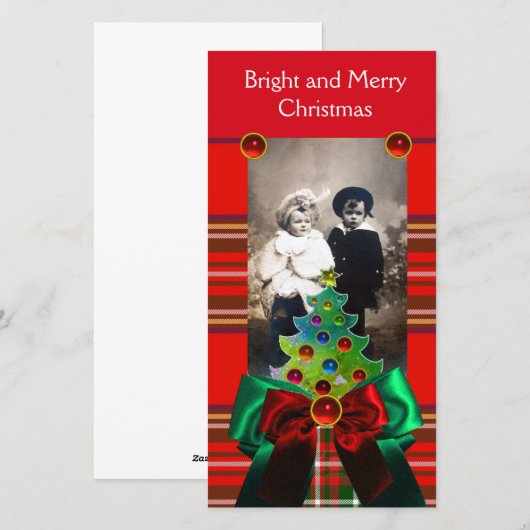 SCOTTISH TARTAN, CHRISTMAS TREE EN RED GREEN BOWS FEESTDAGENKAART (Voorkant / Achterkant)