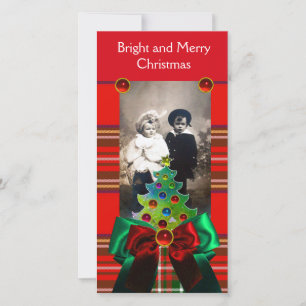 SCOTTISH TARTAN, CHRISTMAS TREE EN RED GREEN BOWS FEESTDAGENKAART
