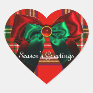 SCOTTISH TARTAN EN RED GREEN BOWS CHRISTMAS HEART HART STICKER