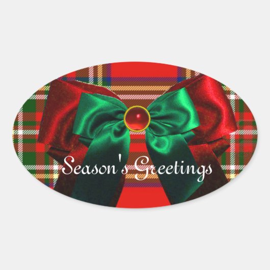 SCOTTISH TARTAN EN RED GREEN BOWS CHRISTMAS PARTIJ OVALE STICKER (Voorkant)