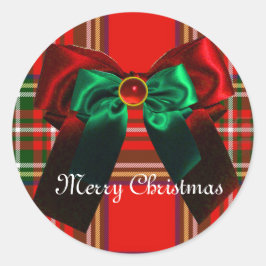 SCOTTISH TARTAN EN RED GREEN BOWS CHRISTMAS PARTIJ RONDE STICKER