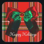 SCOTTISH TARTAN EN RED GREEN BOWS CHRISTMAS PARTIJ VIERKANTE STICKER<br><div class="desc">Elegant,  klastig Schots tartan in rode groene witte kleuren,  glanzende zijboog en 3D ruby,  emerald gem stenen..Gemakkelijk aan te passen met uw initialen en eigen tekst als een aankondiging,  sparen-de-date,  dank u,  vrijgezellenfeesten,  verjaardagen,  feestdagen,  feestjes,  verlovingen douches,  of slechts over om het even welke gebeurtenis u wenst! .</div>