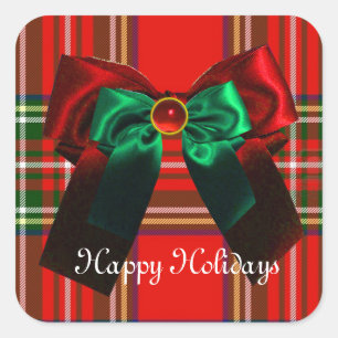 SCOTTISH TARTAN EN RED GREEN BOWS CHRISTMAS PARTIJ VIERKANTE STICKER