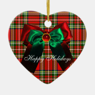 SCOTTISH TARTAN EN RED GREEN CHRISTMAS BOWS HEART KERAMISCH ORNAMENT