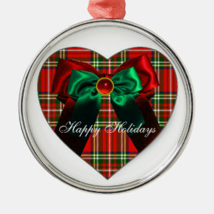 SCOTTISH TARTAN EN RED GREEN CHRISTMAS BOWS HEART METALEN ORNAMENT