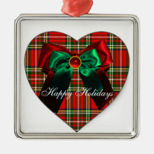 SCOTTISH TARTAN EN RED GREEN CHRISTMAS BOWS HEART METALEN ORNAMENT