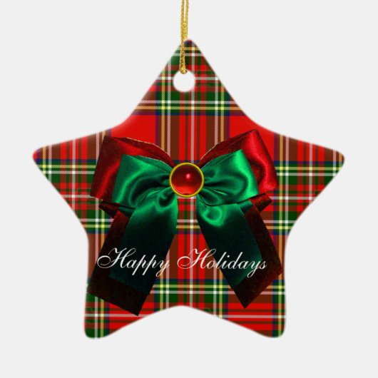 SCOTTISH TARTAN EN RED GREEN CHRISTMAS BOWS STAR KERAMISCH ORNAMENT (Voorkant)