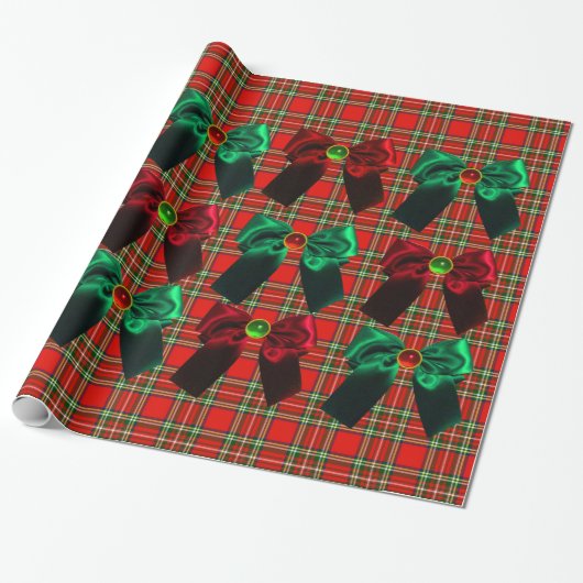 SCOTTISH TARTAN MET RODE GROEN CHRISTMAS BOWS CADEAUPAPIER (Uitgerold)