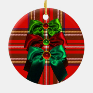 SCOTTISH TARTAN MET RODE GROEN CHRISTMAS BOWS KERAMISCH ORNAMENT