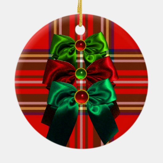 SCOTTISH TARTAN MET RODE GROEN CHRISTMAS BOWS KERAMISCH ORNAMENT (Achterkant)