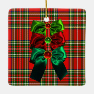 SCOTTISH TARTAN MET RODE GROEN CHRISTMAS BOWS KERAMISCH ORNAMENT