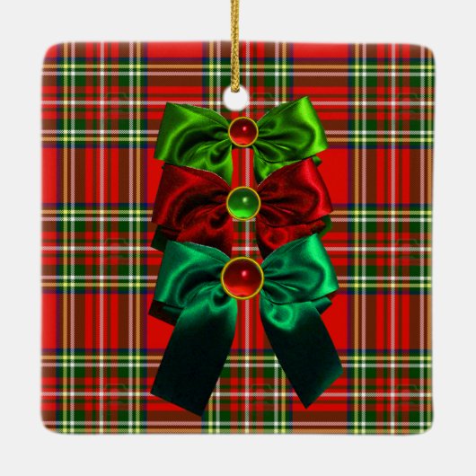 SCOTTISH TARTAN MET RODE GROEN CHRISTMAS BOWS KERAMISCH ORNAMENT (Achterkant)