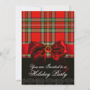 SCOTTISH TARTAN MET RODE RUBY BOW CHRISTMAS PARTY KAART