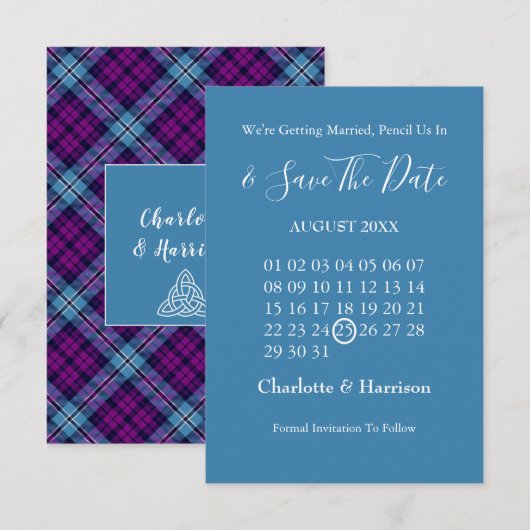 Scottish Tartan Pset Celtic Symbols Wedding Save The Date (Voorkant / Achterkant)