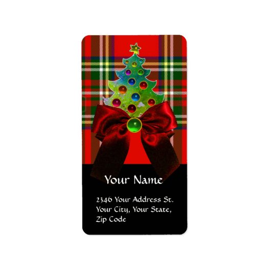 SCOTTISH TARTAN, RED BOW EN CHRISTMAS TREE ETIKET (Voorkant)