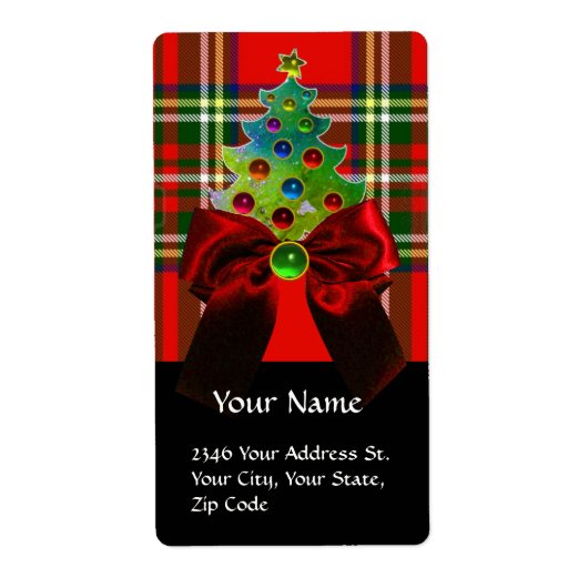 SCOTTISH TARTAN, RED BOW EN CHRISTMAS TREE ETIKET (Voorkant)
