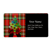 SCOTTISH TARTAN, RED BOW EN CHRISTMAS TREE ETIKET (Voorkant)