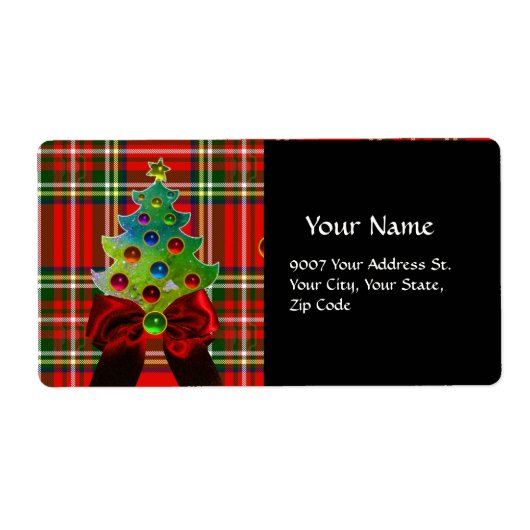 SCOTTISH TARTAN, RED BOW EN CHRISTMAS TREE ETIKET (Voorkant)