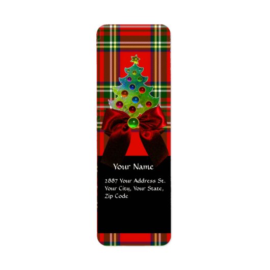 SCOTTISH TARTAN, RED GREEN BOWS EN CHRISTMAS TREE ETIKET (Voorkant)
