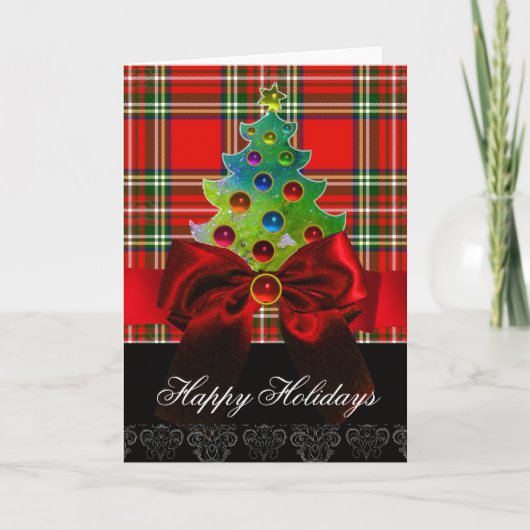 SCOTTISH TARTAN, RED GREEN BOWS EN CHRISTMAS TREE FEESTDAGEN KAART (Voorkant)