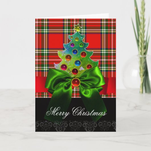 SCOTTISH TARTAN, RED GREEN BOWS EN CHRISTMAS TREE FEESTDAGEN KAART (Voorkant)