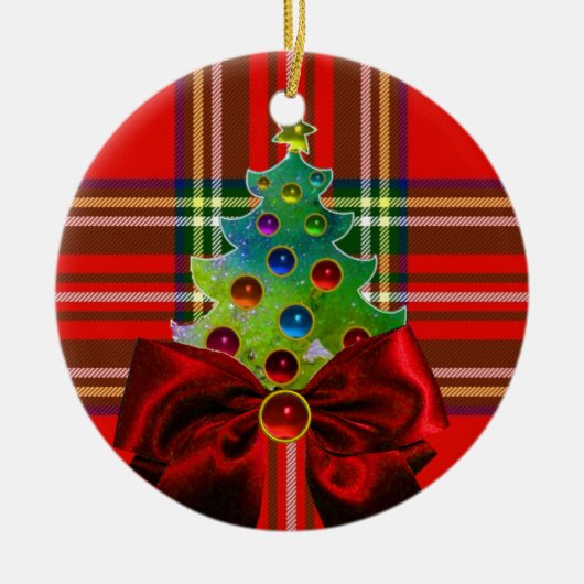 SCOTTISH TARTAN, RED GREEN BOWS EN CHRISTMAS TREE KERAMISCH ORNAMENT (Voorkant)