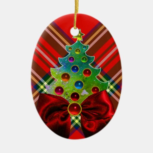 SCOTTISH TARTAN, RED GREEN BOWS EN CHRISTMAS TREE KERAMISCH ORNAMENT (Voorkant)