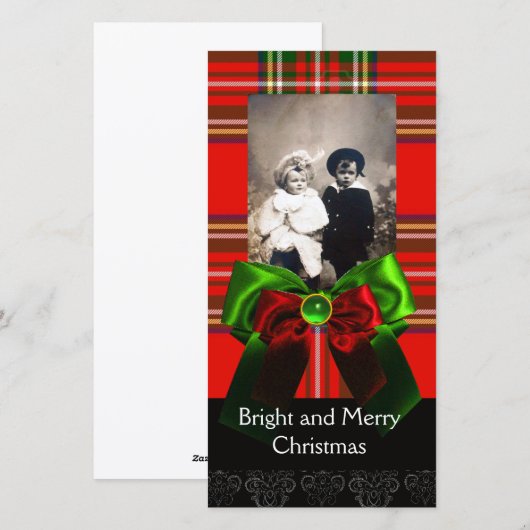SCOTTISH TARTAN, RODE GROENBOWS XMAS FOTO TEMPLATE FEESTDAGENKAART (Voorkant / Achterkant)