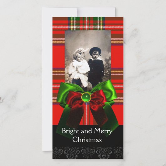SCOTTISH TARTAN, RODE GROENBOWS XMAS FOTO TEMPLATE FEESTDAGENKAART (Voorkant)