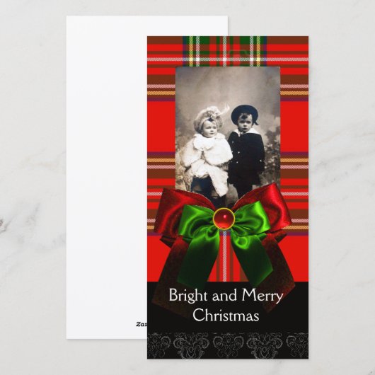 SCOTTISH TARTAN, RODE GROENBOWS XMAS FOTO TEMPLATE FEESTDAGENKAART (Voorkant / Achterkant)