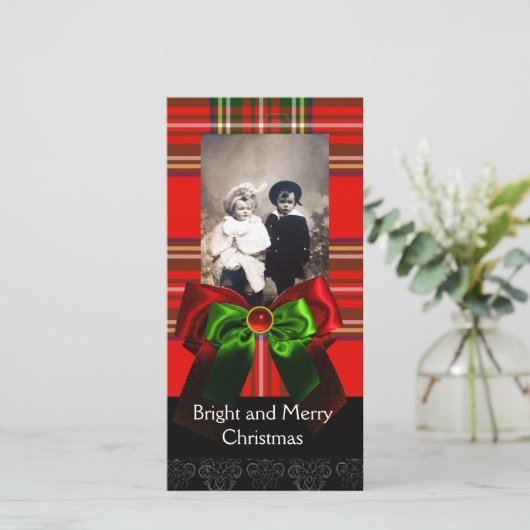 SCOTTISH TARTAN, RODE GROENBOWS XMAS FOTO TEMPLATE FEESTDAGENKAART (Staand voorkant)
