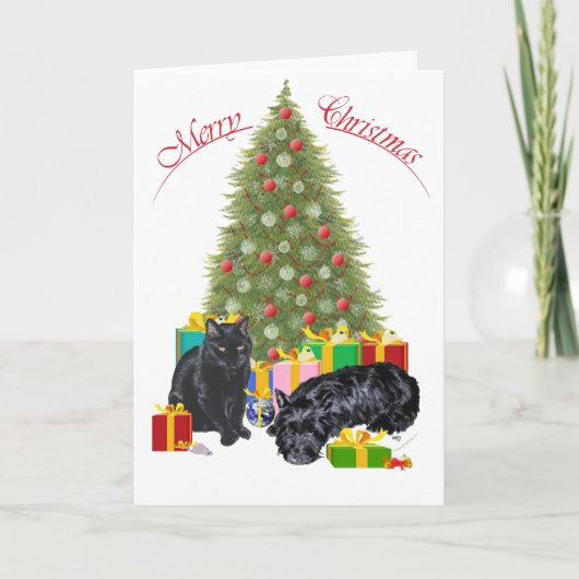 Scottish Terrier & Black Cat Kerstmis Feestdagen Kaart (Voorkant)